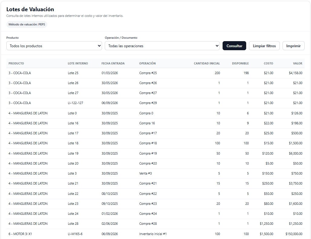 Lotes de valuación de inventario en Stockmaster33