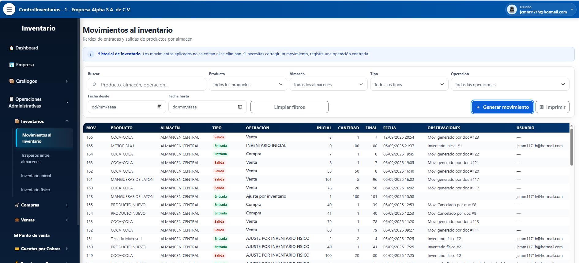 Movimientos al inventario en Stockmaster33
