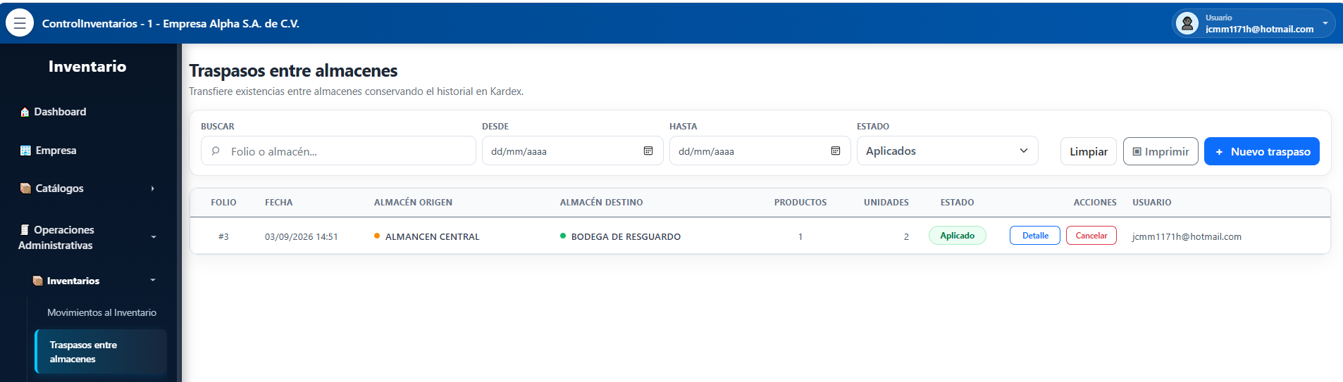 Traspasos entre almacenes en Stockmaster33